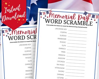 Memorial Day Word Scramble Game, Fun Memorial Day Activity for Kids, Teens & Adults, Memorial Day Picnic Idea, Memorial Day BBQ, Work Party