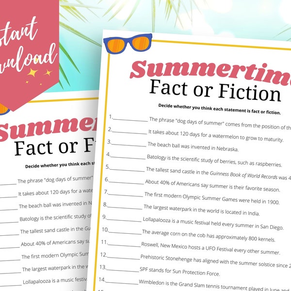 Summer Fact or Fiction Trivia Game, Fun Summer Trivia, Summer Activity for Teens, Adults, Seniors, Family Game Night, Summer Party Game