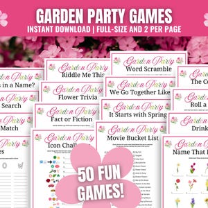 Gartenpartyspiele MEGA Bundle, Garten-Teeparty druckbare Spiele, rosa Blumenparty Spielideen, Gartenklub-Spiele, Frühlingsteeparty