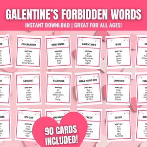 Könnte beinhalten: Ein Set mit 90 rosa und weißen Karten mit den Worten "Galentine's Forbidden Words" und "90 Cards Included!" darauf gedruckt. Jede Karte hat eine andere Kategorie, wie "Parfüm", "Feier", "Freundin", "Galentine's", "Wein", "Freunde", "Toast", "Lippenstift", "Ballons", "Mädchensabend", "Konfetti", "Februar", "Champagner", "Wellness-Tag", "Massage", "Party", "Schwärmerei", und "Frauenpower". Jede Karte hat eine Liste mit Wörtern, die während einer Galentine's Day Feier nicht gesagt werden sollten.