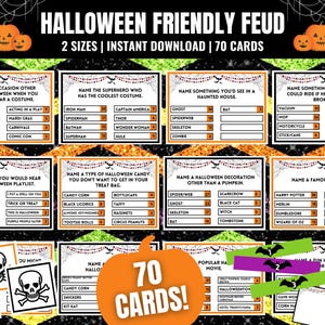 Op de afbeelding: Een set van 70 Halloween-thema kaarten met een zwarte en oranje achtergrond. De kaarten bevatten vragen voor een vriendelijk vete-spel. De kaarten zijn versierd met oranje en zwarte glitter en hebben een spinnenwebontwerp.