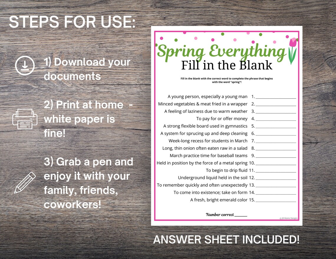 Spring Word Fill In Spring Fill-in-the-blank Word Game: Fun Party Quiz (PDF) - Etsy
