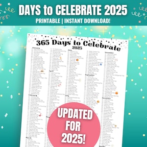 365 Days to Celebrate, 2025 National Fun Days Calendar, Social Media Ideas, Theme Days 2025, Printable Calendar, Fun Yearly Calendar 2025