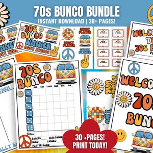 70s Bunco MEGA Bundle, stampabile Hippie Bunco, carte Bunco anni '70, tema anni '70, segnapunti Bunco, fogli di conteggio, numeri da tavolo, cartellini identificativi