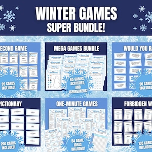 May include: A dark blue graphic with the text "WINTER GAMES SUPER BUNDLE!" and snowflakes. The image displays six different winter-themed game sets, including "5-SECOND GAME," "MEGA GAMES BUNDLE," and "WOULD YOU RATHER."