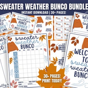 Bunco MEGA pull météo, Bunco d'automne imprimable, Cartes Bunco de novembre, Cartes de pointage Bunco, Feuilles de pointage, Numéros de table, Bunco d'automne