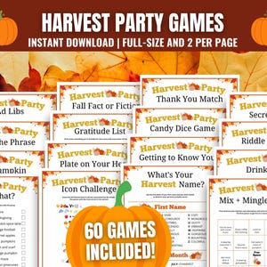 May include: A collection of printable Harvest Party Games, including Ad Libs, Bingo, and trivia. The design features orange pumpkins and fall leaves, with the text "60 GAMES INCLUDED!" and "INSTANT DOWNLOAD | FULL-SIZE AND 2 PER PAGE".