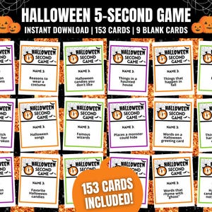 Puede incluir: Un juego de 153 cartas con temática de Halloween con un diseño de telaraña negra y naranja. Las cartas presentan un icono de temporizador y el texto "Halloween Second Game". Las cartas incluyen indicaciones como "Decoraciones de Halloween", "Razones para usar un disfraz" y "Dulces de Halloween que no te gustan".