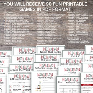 May include: A collection of 90 printable holiday games in PDF format. The games include trivia, party games, and games for kids. The game titles are displayed on individual cards with festive red and green holiday-themed designs.