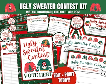 May include: Printable Ugly Sweater Contest Kit with editable templates for a holiday party. The kit includes sign-up sheets, voting ballots, judge's scorecards, and award certificates. The design features festive green and red colors with a variety of ugly sweater illustrations.