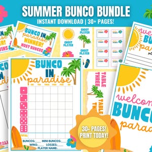 Zomerbunco MEGA-bundel, afdrukbare zomerbunco, Bunco in Paradise, Luau-thema, Bunco-scorecards, aantekenvellen, tafelnummers, naamplaatje