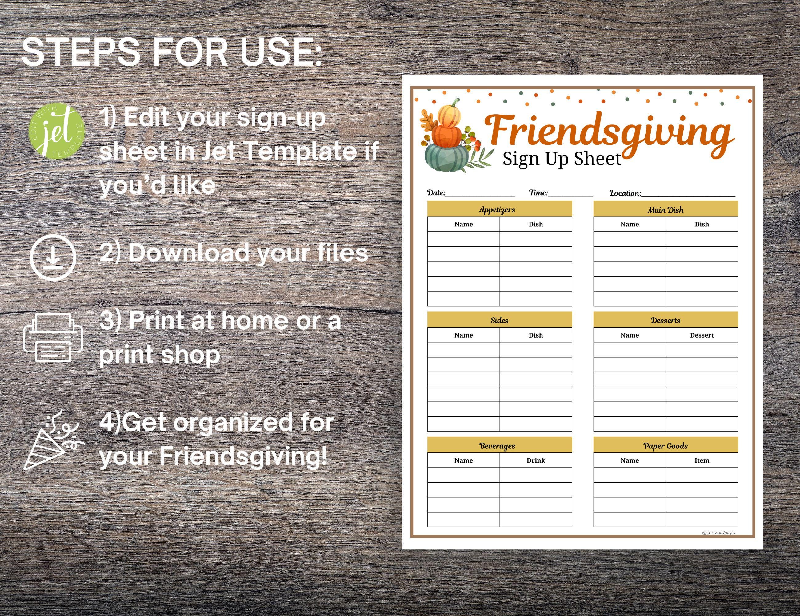 Friendsgiving Potluck Signup Sheet (PDF, Editable Template) Etsy