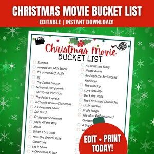 Lista de películas navideñas imprimible, lista de películas navideñas, idea divertida para las vacaciones navideñas, maratón de películas navideñas, lista de películas navideñas