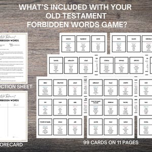 May include: A game set with the text "Old Testament Forbidden Words Game?" includes an instruction sheet, a scorecard, and 99 cards on 11 pages. The cards have words like "Bible", "Creation", and "Adam".