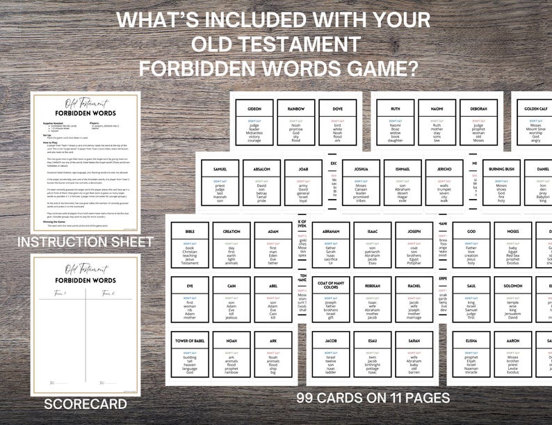 May include: A game set with the text "Old Testament Forbidden Words Game?" includes an instruction sheet, a scorecard, and 99 cards on 11 pages. The cards have words like "Bible", "Creation", and "Adam".