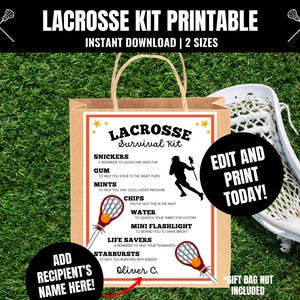 Könnte beinhalten: Eine braune Papiertüte mit einem Design für ein Lacrosse-Survival-Kit. Das Kit enthält Snacks und wichtige Dinge für das Spiel. Auf der Tüte steht "Lacrosse Survival Kit" und "Instant Download | 2 Sizes". Ein Lacrosseschläger und ein Netz sind sichtbar.