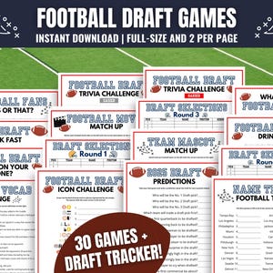 Może przedstawiać: Zbiór 30 drukowanych gier do draftu piłkarskiego, w tym wyzwania typu trivia, gry typu „pij, jeśli...” i gry w dopasowywanie maskotek drużyn. Gry zostały zaprojektowane z myślą o zabawie i angażującej imprezie z draftem piłkarskim.