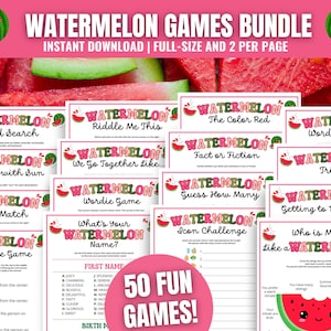 May include: A bundle of watermelon-themed games with the text "Watermelon Games Bundle" and "50 Fun Games!" displayed. The image features various game cards with titles like "Word Search," "Trivia," and "Candy Dice Game," along with watermelon illustrations.