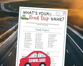 Quel est votre jeu de nom de road trip, générateur de noms de road trip drôle à imprimer pour les familles, les enfants, les préadolescents, les adolescents et les adultes, activité de voyage amusante