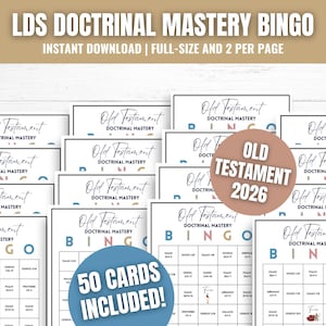 Op de afbeelding: Een verzameling "LDS Doctrinal Mastery Bingo" kaarten. De kaarten tonen de tekst "Old Testament Doctrinal Mastery" en bevatten bingoroosters met bijbelverwijzingen. De afbeelding bevat ook de tekst "50 kaarten inbegrepen!" en "Direct downloaden".
