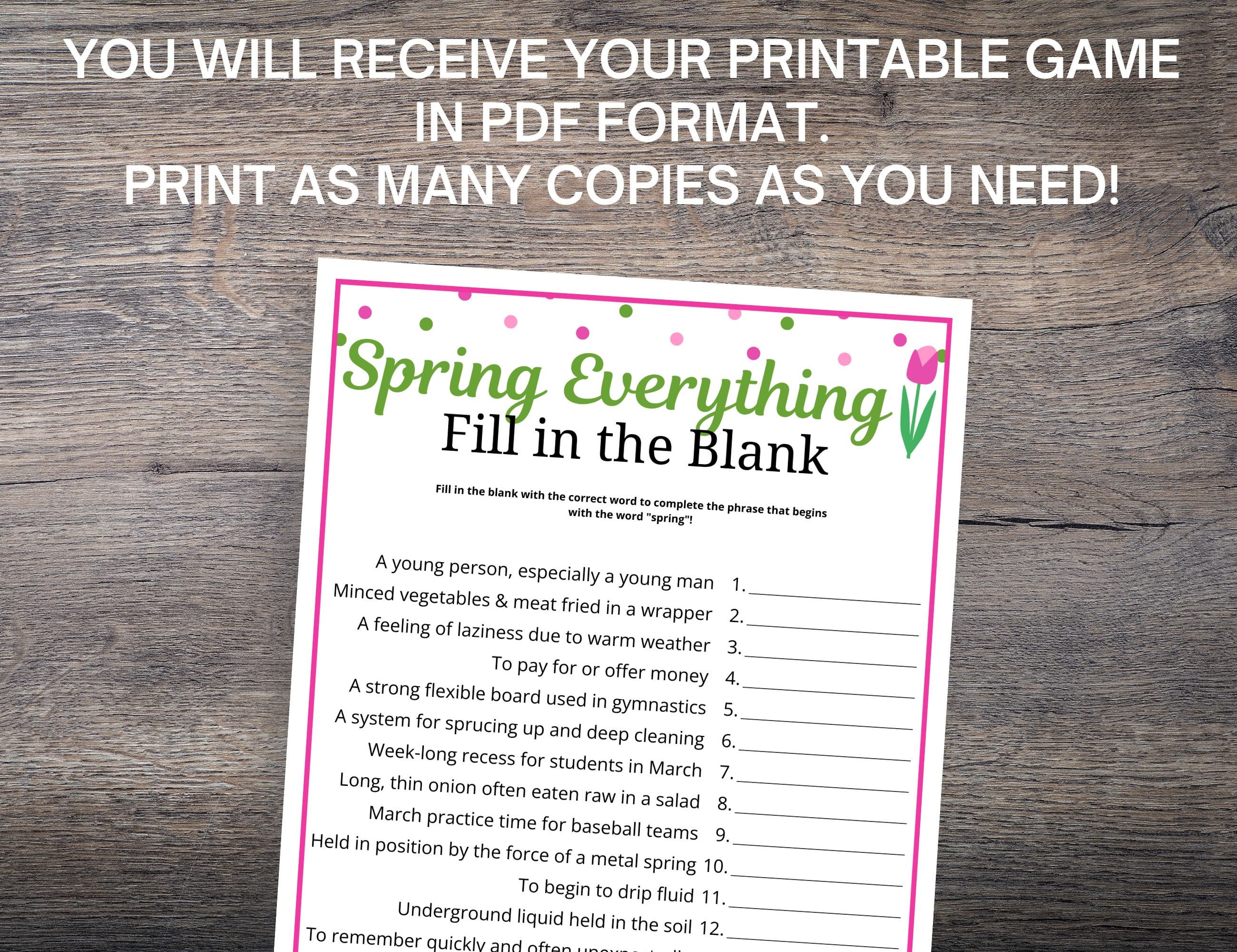 Spring Word Fill In Spring Fill-in-the-blank Word Game: Fun Party Quiz (PDF) - Etsy