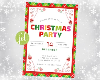 May include: A colorful Christmas party invitation with candy cane and lollipop graphics. The invitation says "Please join us for a Christmas Party" with the date "Saturday, December 14th" and time "7-10 PM".