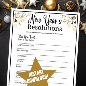 Pagina met oudejaarsresoluties, leuke nieuwjaarsdoelen afdrukbaar voor kinderen, tieners en volwassenen, nieuwjaarsdagactiviteit, idee voor oudejaarsfeestje