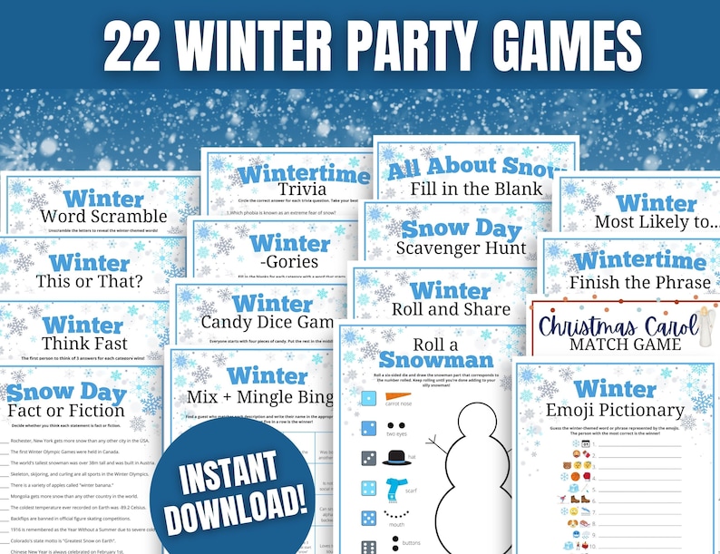 22 Winter Games MEGA BUNDLE, Winter Party Game Bundle, Winter Classroom Party Games, Wintertime Activities, Winter Class Party Games image 1
