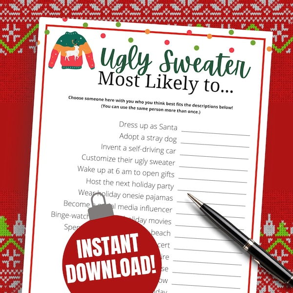 Ugly Sweater Most Likely To Game, Ugly Sweater Party Game Ideas, Ugly Christmas Sweater Superlative Game, Ugly Sweater Party Activity