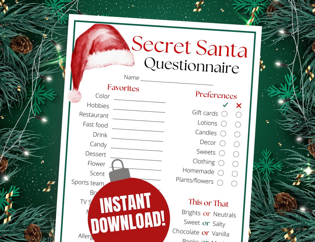 Secret Santa Questionnaire for Coworkers, Family, & Friends, Printable ...
