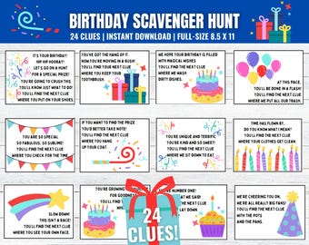May include: A set of 24 colorful cards with birthday-themed illustrations and clues for a scavenger hunt. The cards are printed on white paper and feature a variety of images, including birthday cakes, presents, balloons, and confetti. The text on the cards is in a fun, playful font and includes phrases like "It's your birthday!" and "Let's go on a hunt for a special prize!"