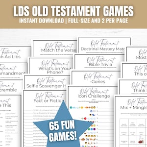 以下が含まれることがあります： LDS旧約聖書ゲームの印刷可能なコレクション。クイズ、マッチング、ビンゴなど。ゲームは即時ダウンロード用に設計されており、フルサイズと2ページに1つずつ利用できます。画像にはさまざまなゲームタイトルと「65 FUN GAMES！」と書かれた星のグラフィックが表示されています。