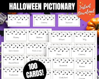 Peut inclure: Un jeu de 100 cartes de Pictionary d'Halloween imprimables avec des illustrations en noir et blanc de divers thèmes d'Halloween. Les cartes comprennent des mots comme "poison", "cimetière", "épouvantail", "momie", "squelette", "magicien", "perruque", "citrouille", "des bonbons ou un sort", "maison hantée", "Frankenstein", "balai", "monstre", "bol de bonbons", et "costume".
