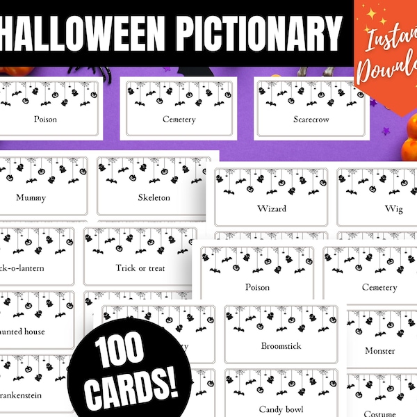 100 Halloween Pictionary Cards, Printable Halloween Pictionary Cards, Halloween Party Ideas, Class Halloween Activities, Fun Halloween Games