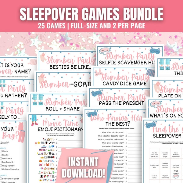 Sleepover Games BUNDLE, 25 Slumber Party Games for Tweens & Teens, Pajama Party Ideas, Sleepover Activities for Girls, Birthday Sleepover