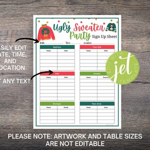Ugly Sweater Party Potluck Sign-up Sheet (digital Download, Editable