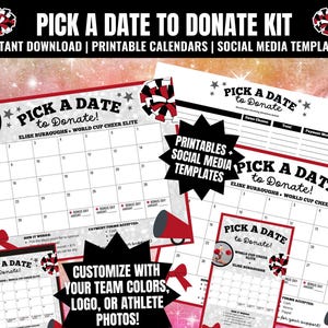 May include: Printable calendars and social media templates with the text "Pick a Date to Donate!" in black and red. The calendars are designed for fundraising, with space for dates, amounts, and payment methods. The kit includes customisable options.
