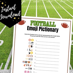 May include: A printable game sheet with the title "FOOTBALL Emoji Pictionary". The game sheet has a green background with white lines and a football field design. The game instructions are to guess the football word or phrase represented by the emojis below. The person with the most correct is the winner! There are 11 emojis listed with blank lines for players to write their answers.