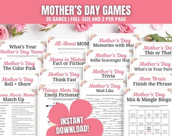 PAQUETE de juegos para el Día de la Madre, 35 juegos para el Día de la Madre para brunch, almuerzo, iglesia, noche familiar, Pictionary Emoji del Día de la Madre, trivia y más