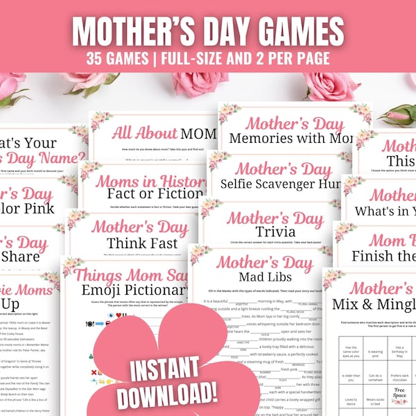 Mother’s Day Games BUNDLE, 35 Mothers Day Games for Brunch, Luncheon, Church, Family Night, Mothers Day Emoji Pictionary, Trivia, & More