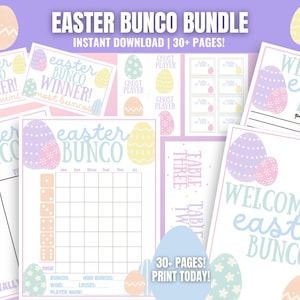 May include: Printable Easter Bunco game bundle with 30+ pages. The bundle includes scorecards, welcome signs, and ghost player cards. The design features pastel pink, blue, and yellow eggs with white polka dots.