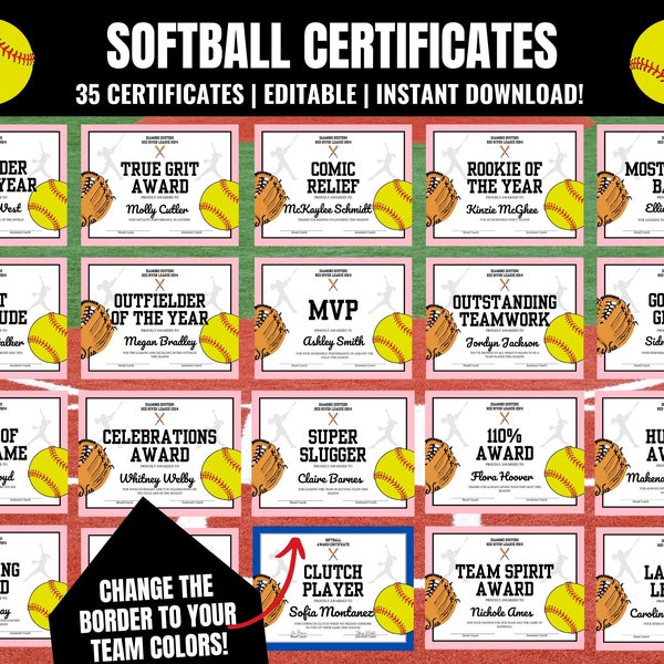 Editable Softball Award Certificates, Softball Team Awards, Softball End of the Season Awards, Softball Team Party, Softball Season Awards