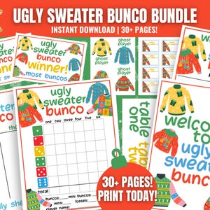 Ugly Sweater Bunco MEGA Bundle, Bunco di Natale stampabile, biglietti Bunco per le feste, cartellini segnapunti Bunco, fogli di conteggio, numeri da tavolo, cartellini con i nomi