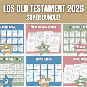 Könnte beinhalten: Eine Sammlung von Spielkarten mit Titeln wie "5-Second Game" und "Bingo Cards". Die Karten sind in einem Raster angeordnet, wobei jeder Abschnitt ein anderes Spiel darstellt. Der Text "LDS OLD TESTAMENT 2026 SUPER BUNDLE!" befindet sich oben.