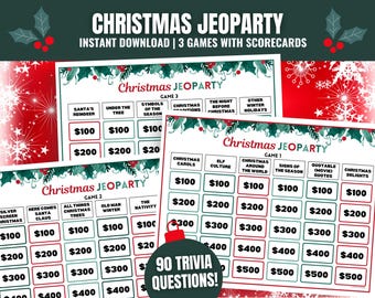 Pacchetto 3-GIOCHI di Jeoparty di Natale, divertente gioco a quiz per il giorno di Natale, gioco di Natale in famiglia, attività per la vigilia di Natale in famiglia, gioco a quiz di Natale
