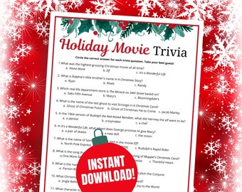 May include: A printable holiday movie trivia game with 11 questions. The questions are about popular Christmas movies like Home Alone, A Christmas Story, and It's a Wonderful Life. The game is decorated with a red background and snowflakes.