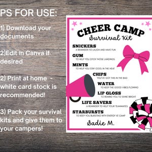 Editable Cheer Camp Survival Kit Printable: Gift Bag Tag (digital ...