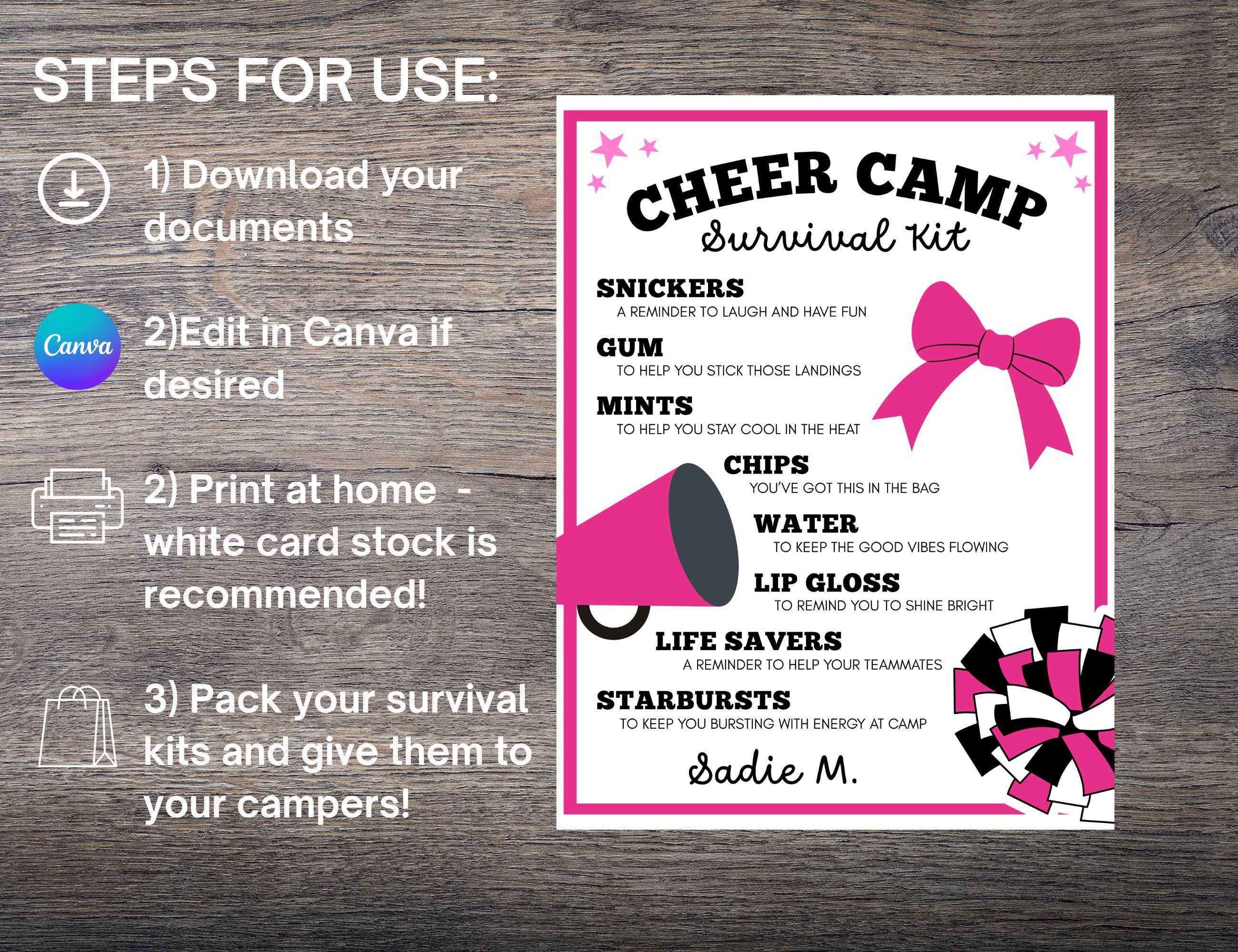 Editable Cheer Camp Survival Kit Printable: Gift Bag Tag (digital ...