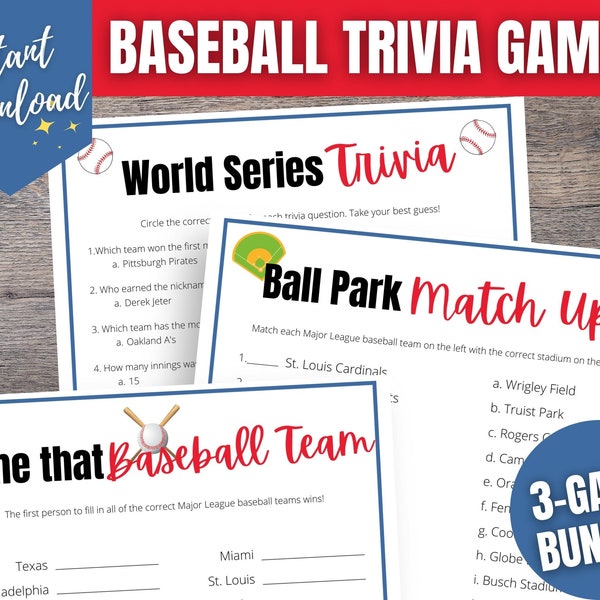 Major League Baseball Trivia 3-Game BUNDLE, Baseball Party Games, Baseball Party Ideas, World Series Watch Party, Baseball Game Printables