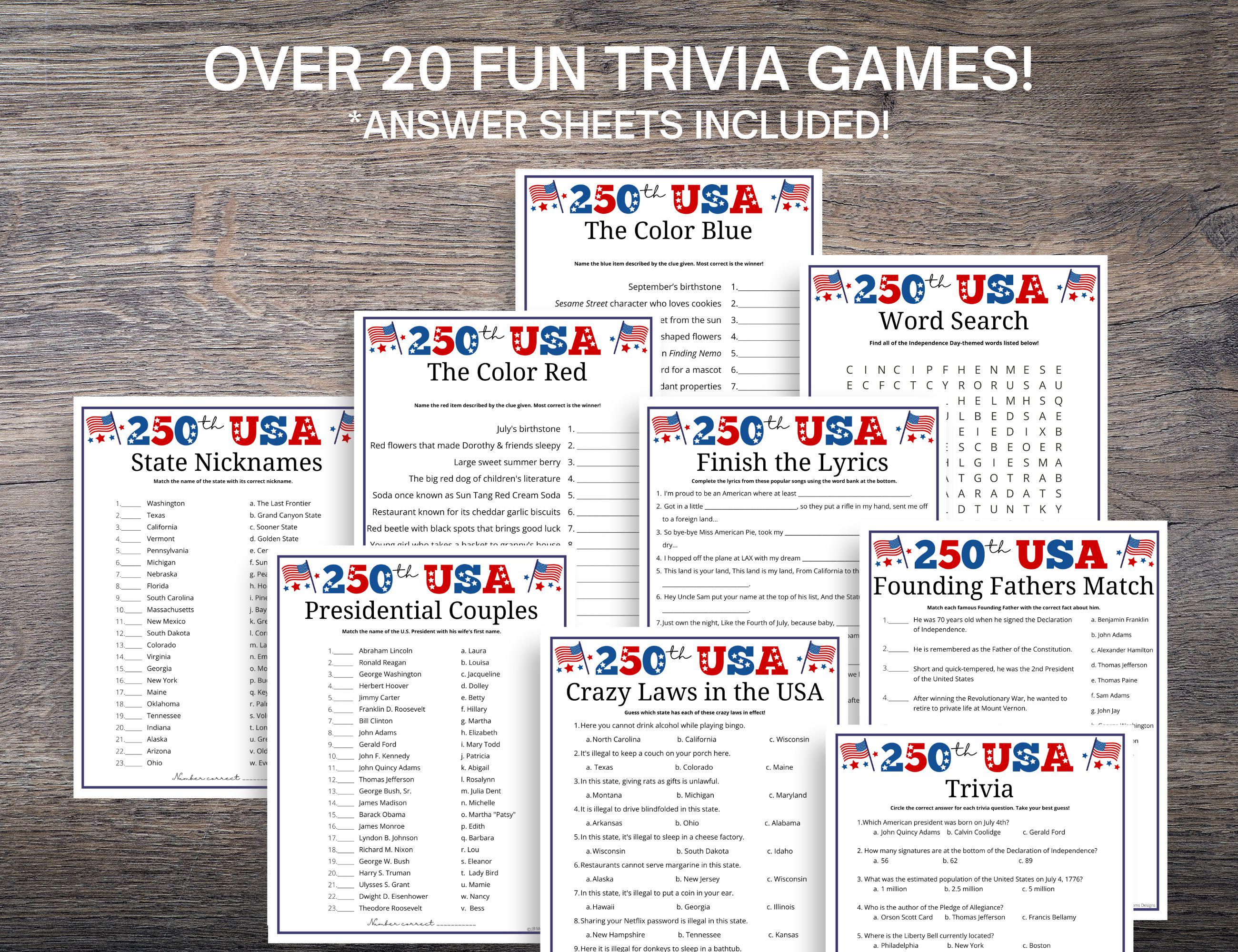 USA 250th Anniversary Games Bundle: 65 Patriotic 4th of July Party ...